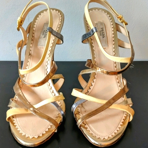 Prada Shoes - Prada gold & yellow sling back heels